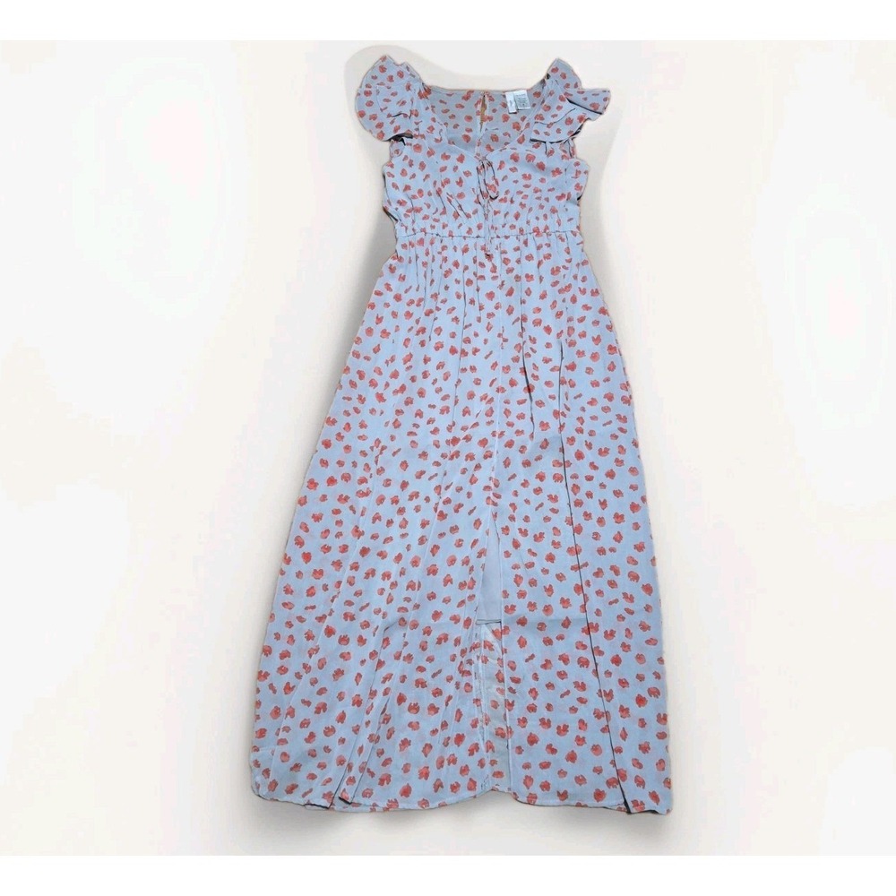 Aggie Floral Flowy Maxi Dress Sz M Gray Red Ruffle Cap Sleeve Peasant V-Neck - Picture 6 of 14